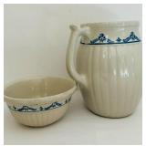FR - Vintage Stoneware Pitcher and Bowl Set with Blue Floral Design, 12 Inch Pitcher