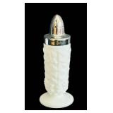 K - Set of 2 Vintage Milk Glass Salt and Pepper Shakers with Silver Tops