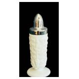 K - Set of 2 Vintage Milk Glass Salt and Pepper Shakers with Silver Tops