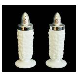 K - Set of 2 Vintage Milk Glass Salt and Pepper Shakers with Silver Tops