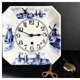 FR - Vintage German Porcelain Wall Clock with Blue Windmill Motif, 9 x 9 Inches