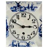 FR - Vintage German Porcelain Wall Clock with Blue Windmill Motif, 9 x 9 Inches
