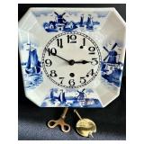 FR - Vintage German Porcelain Wall Clock with Blue Windmill Motif, 9 x 9 Inches
