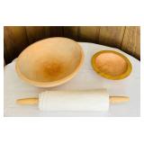 FR - Wooden Dough Bowl Set with 14in Munsing, Curly Maple Bowl, Rolling Pin, and Pastry Cloth