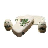 FR - Spode Christmas Tree Cranberry Server with Slotted Spoon and Covered Butter Set with Salt & Pepper