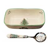 FR - Spode Christmas Tree Cranberry Server with Slotted Spoon and Covered Butter Set with Salt & Pepper