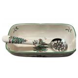 FR - Spode Christmas Tree Cranberry Server with Slotted Spoon and Covered Butter Set with Salt & Pepper