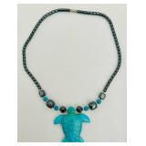 K - 16 Inch Turquoise Turtle Pendant Necklace with Hematite Beads