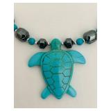 K - 16 Inch Turquoise Turtle Pendant Necklace with Hematite Beads