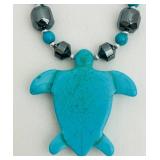 K - 16 Inch Turquoise Turtle Pendant Necklace with Hematite Beads
