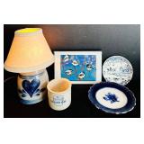 FR - Decorative Lot: Stoneware Lamp, Framed Betsy Bowen Chickadee Print, Kaukauna Klub Crock, and Blue Transferware Plates