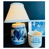 FR - Decorative Lot: Stoneware Lamp, Framed Betsy Bowen Chickadee Print, Kaukauna Klub Crock, and Blue Transferware Plates