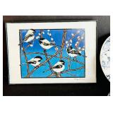 FR - Decorative Lot: Stoneware Lamp, Framed Betsy Bowen Chickadee Print, Kaukauna Klub Crock, and Blue Transferware Plates