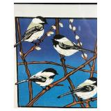 FR - Decorative Lot: Stoneware Lamp, Framed Betsy Bowen Chickadee Print, Kaukauna Klub Crock, and Blue Transferware Plates