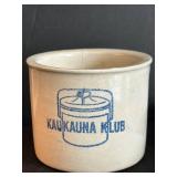 FR - Decorative Lot: Stoneware Lamp, Framed Betsy Bowen Chickadee Print, Kaukauna Klub Crock, and Blue Transferware Plates