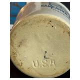 FR - Decorative Lot: Stoneware Lamp, Framed Betsy Bowen Chickadee Print, Kaukauna Klub Crock, and Blue Transferware Plates