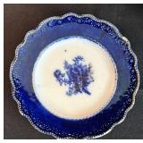 FR - Decorative Lot: Stoneware Lamp, Framed Betsy Bowen Chickadee Print, Kaukauna Klub Crock, and Blue Transferware Plates