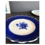 FR - Decorative Lot: Stoneware Lamp, Framed Betsy Bowen Chickadee Print, Kaukauna Klub Crock, and Blue Transferware Plates