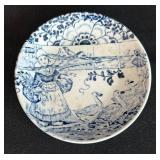 FR - Decorative Lot: Stoneware Lamp, Framed Betsy Bowen Chickadee Print, Kaukauna Klub Crock, and Blue Transferware Plates