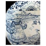 FR - Decorative Lot: Stoneware Lamp, Framed Betsy Bowen Chickadee Print, Kaukauna Klub Crock, and Blue Transferware Plates