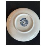 FR - Decorative Lot: Stoneware Lamp, Framed Betsy Bowen Chickadee Print, Kaukauna Klub Crock, and Blue Transferware Plates