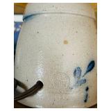 FR - Decorative Lot: Stoneware Lamp, Framed Betsy Bowen Chickadee Print, Kaukauna Klub Crock, and Blue Transferware Plates
