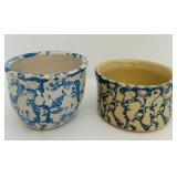 FR - Pair of Blue Vintage Spongeware Pottery Crocks
