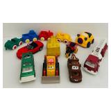 FR - Collection of 11 Assorted Toy Cars and Trucks Including Disney Pixar, Fire Truck, and Vintage Vehicles