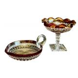 FR - Vintage West Morland Ruby Flash Cut Glass Nappy Dish and Compote Set