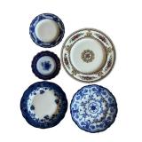 FR/k - Set of 5 Antique Porcelain Plates Blue and Floral Patterns 8 Inch