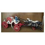 K - Vintage Cast Iron Horse-Drawn Fire Wagon Replica