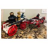 K - Vintage Cast Iron Horse-Drawn Fire Wagon Replica