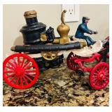 K - Vintage Cast Iron Horse-Drawn Fire Wagon Replica