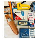 LL - Tool and Hardware Lot: Staple Guns, Knives, Brushes, Velcro, Doorstops, and More