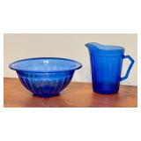 LR - Cobalt Blue Glass Pitcher, Bowl, and 7 Stir Sticks Set