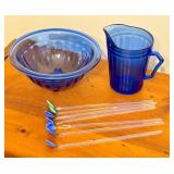 LR - Cobalt Blue Glass Pitcher, Bowl, and 7 Stir Sticks Set