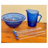 LR - Cobalt Blue Glass Pitcher, Bowl, and 7 Stir Sticks Set