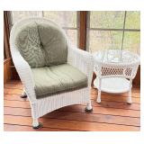 P - White Wicker Armchair with Cushion and Glass-Top Side Table