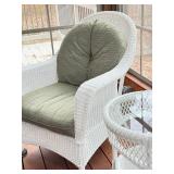 P - White Wicker Armchair with Cushion and Glass-Top Side Table