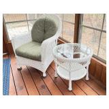 P - White Wicker Armchair with Cushion and Glass-Top Side Table