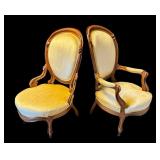 U - Pair of Antique Victorian Walnut Framed Parlor Upholstered Armchairs