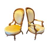 U - Pair of Antique Victorian Walnut Framed Parlor Upholstered Armchairs
