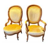 U - Pair of Antique Victorian Walnut Framed Parlor Upholstered Armchairs