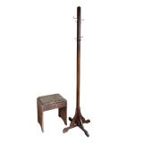 LL - Vintage Wood Coat Tree Stand and Small Upholstered Stool