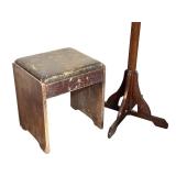 LL - Vintage Wood Coat Tree Stand and Small Upholstered Stool