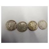 1 Barber Dime  3 Mercury dimes Coin 90% Silver
