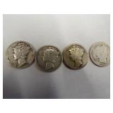 1 Barber Dime  3 Mercury dimes Coin 90% Silver
