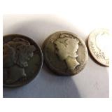1 Barber Dime  3 Mercury dimes Coin 90% Silver
