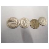 1 Barber Dime  3 Mercury dimes Coin 90% Silver
