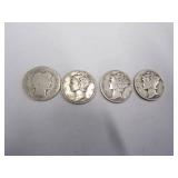 1 Barber Dime  3 Mercury dimes Coin 90% Silver